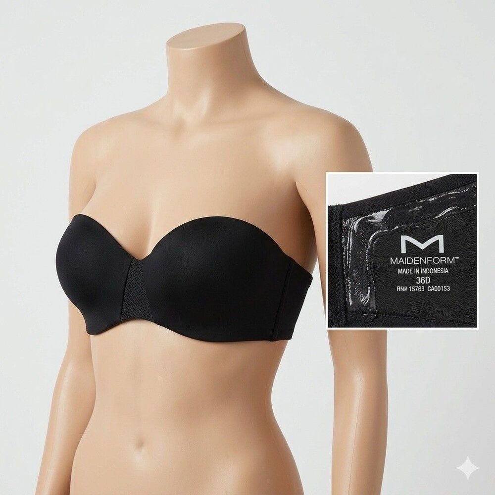 Maidenform Stay-Put ComfortGrip Lining Strapless Bra - Black - Size 36D - NWT